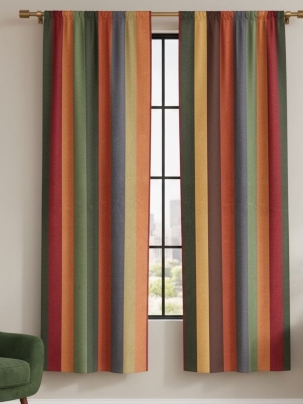 Folk N Funky Autumn Stripe Curtain Pair 2 Panels 20x62" Mod Vertical Stripe NWOT